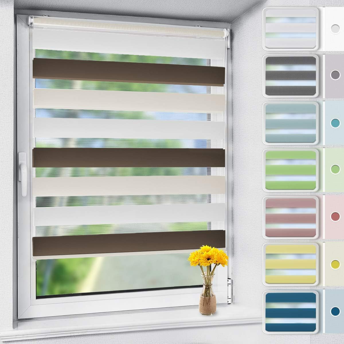 OUBO Doppelrollo Klemmfix ohne Bohren Weiß-beige-braun B110 x H130cm (Stoffbreite: 106cm), Duo Rollo für Fenster und Tür, Fensterrollo Sonnenschutz & Sichtschutz