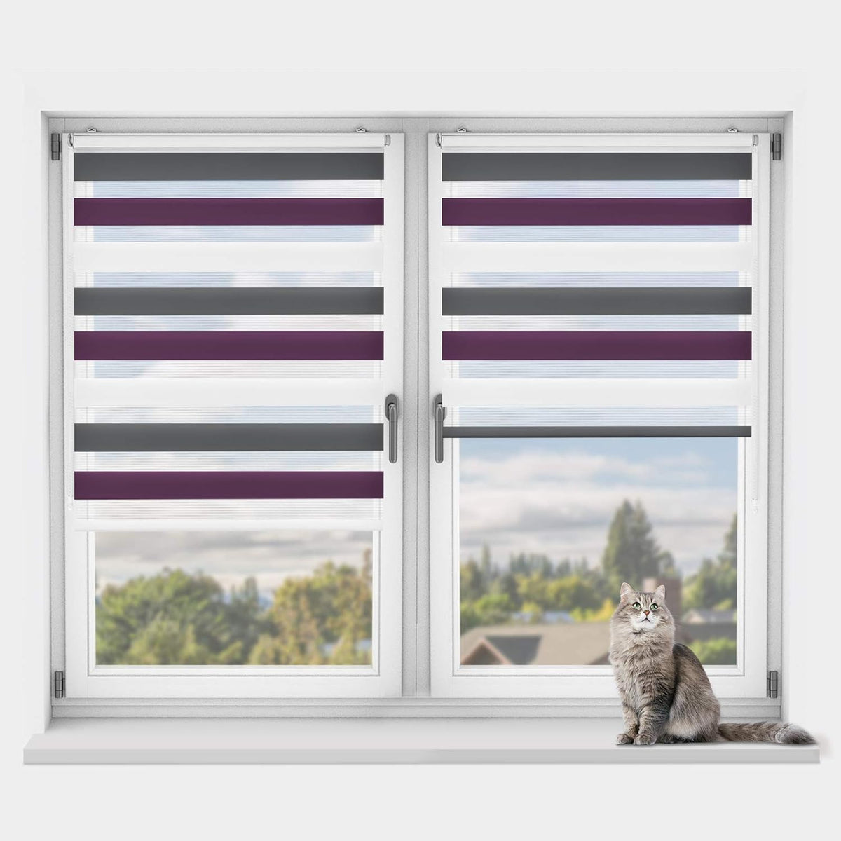 OUBO Doppelrollo Klemmfix ohne Bohren Weiß-anthrazit-aubergine B65 x H120cm (Stoffbreite: 61cm), Duo Rollo für Fenster und Tür, Fensterrollo Sonnenschutz & Sichtschutz