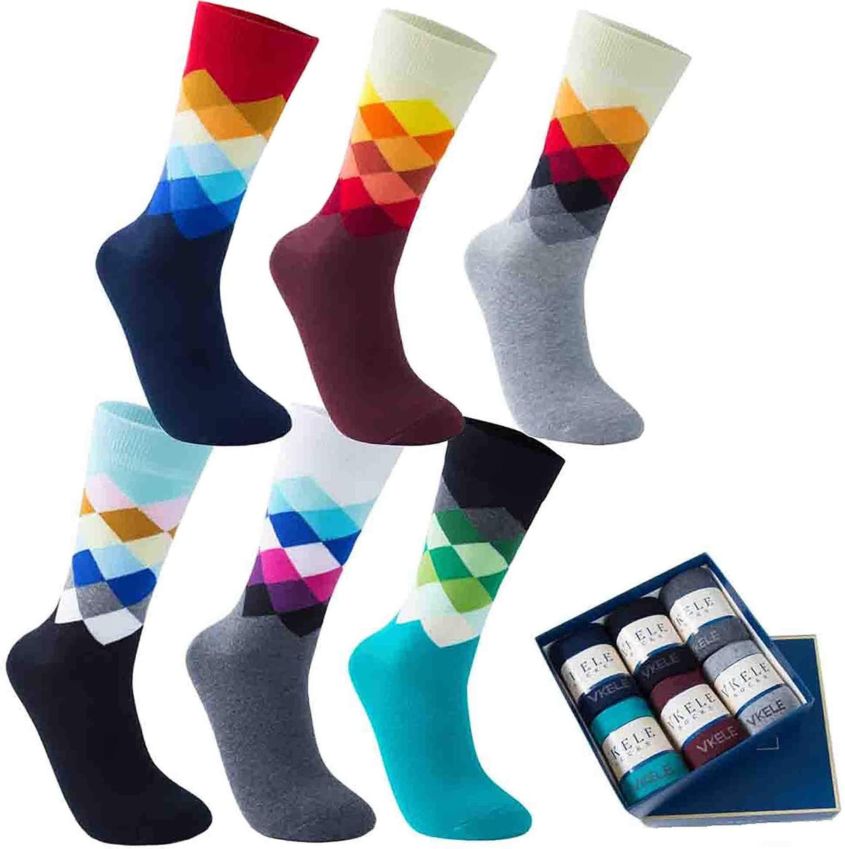 6 Paar einfarbige Socken Geschenkpack oder Bulk, kariert, bunt, punkte, gestreift, Business Herrensocken, Crew Socken, Baumwolle, Gr. 39-46