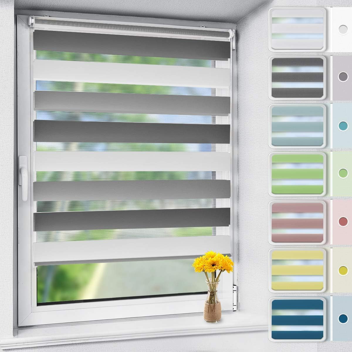 OUBO Doppelrollo Klemmfix ohne Bohren Weiß-grau-anthrazit B55 x H120cm (Stoffbreite: 51cm), Duo Rollo für Fenster und Tür, Fensterrollo Sonnenschutz & Sichtschutz