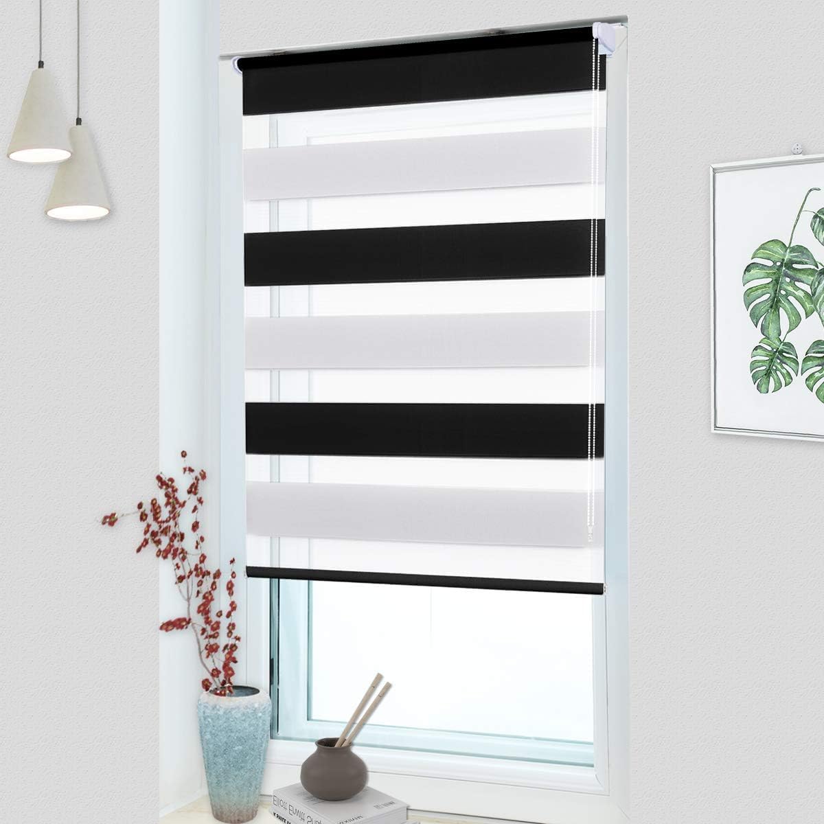 OUBO Doppelrollo Klemmfix ohne Bohren Schwarz-weiß B40 x H120cm (Stoffbreite: 36cm), Duo Rollo für Fenster und Tür, Fensterrollo Sonnenschutz & Sichtschutz