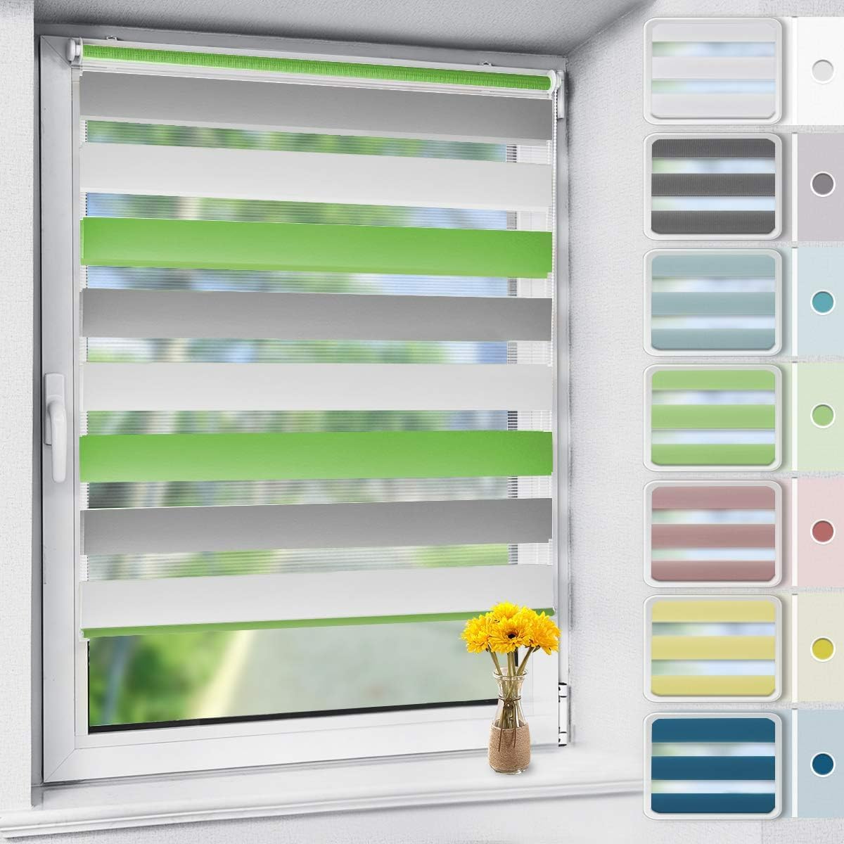 OUBO Doppelrollo Klemmfix ohne Bohren Grün-grau-weiß B110 x H120cm (Stoffbreite: 106cm), Duo Rollo für Fenster und Tür, Fensterrollo Sonnenschutz & Sichtschutz