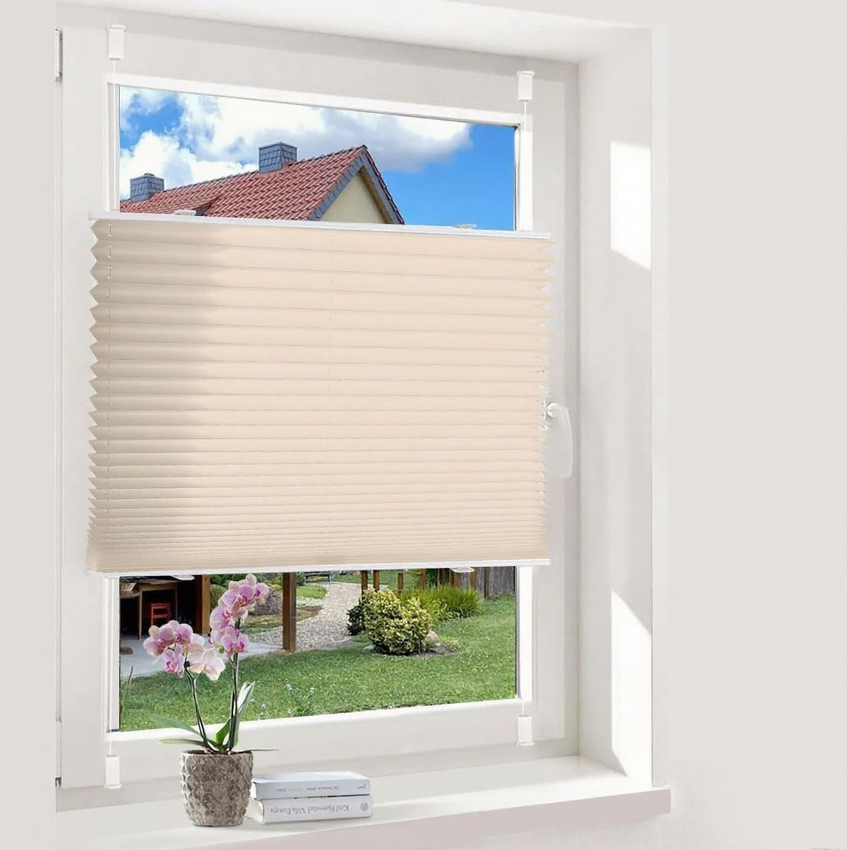 Oubo Plissee Klemmfix ohne Bohren, Beige 90 x 210cm(BxH), lichtdurchlässig & Blickdicht Jalousien Easyfix, Faltrollo für Fenster & Tür
