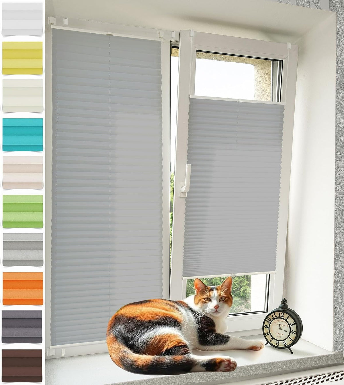 Plissee ohne Bohren Klemmfix – Faltrollo Jalousie Hellgrau 70x80cm(BxH), Lichtdurchlässig & Blickdicht, Sonnenschutz & Sichtschutz, Easyfix Rollo für Fenster & Tür